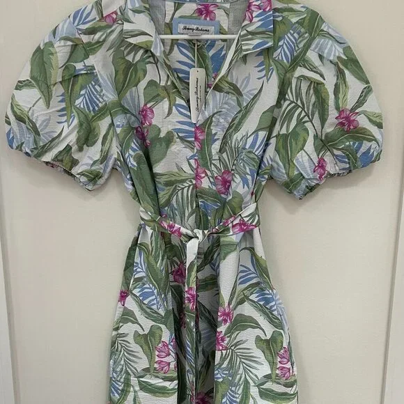 Tommy Bahama Gulf Shore Floral Belted Seersucker Dress Size L - Picture 3 of 10